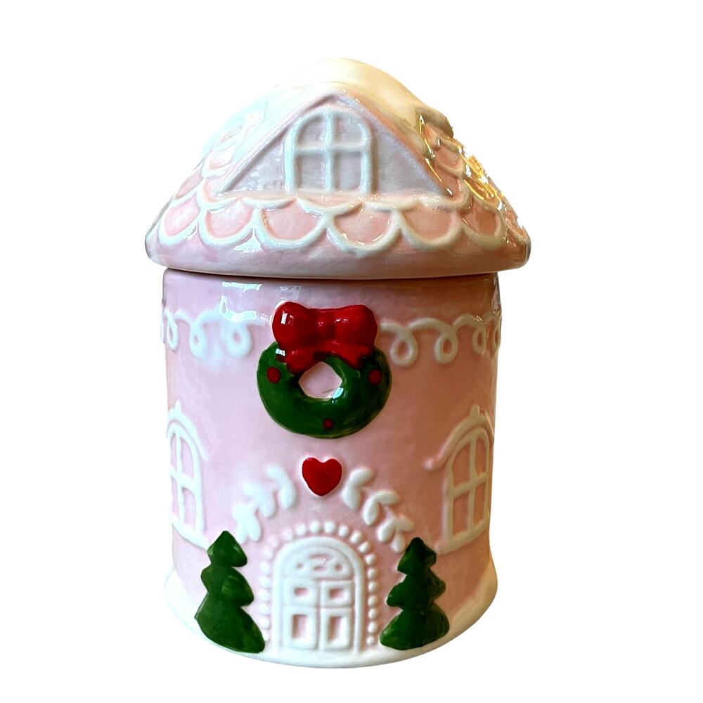 Pinkmas Gingerbread House Ceramic Canister Cookie Jar 7.5in Holiday NEW